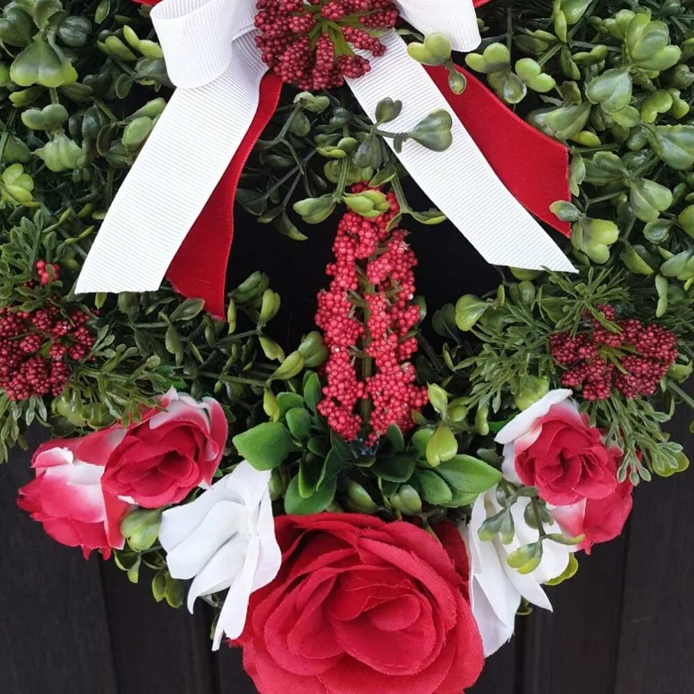 Heart Wreath Red Green Roses Wall Hanger Door Home Office Valentine Decoration